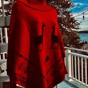 Poncho - Cape by Runa’s Crafts made- Ecuador -Burgundy/merlot  -Llamas-Cowl neck